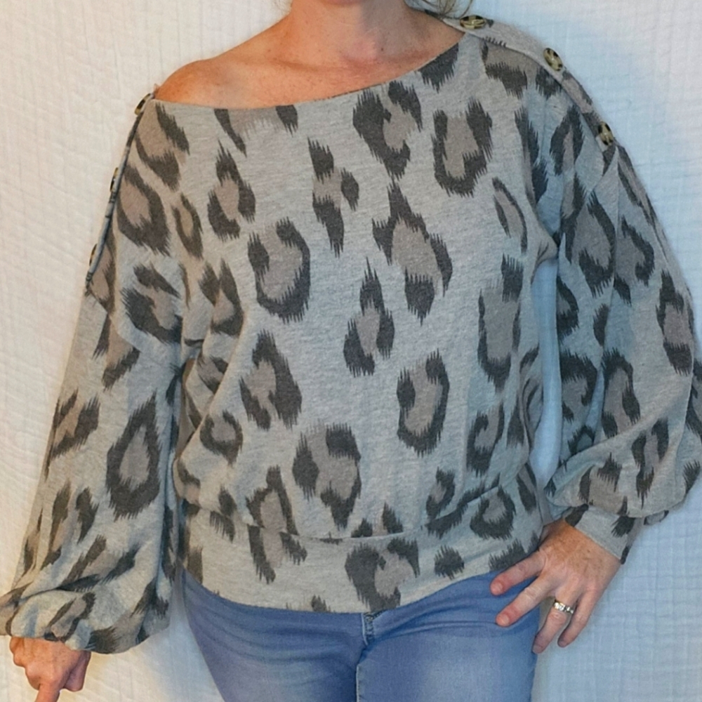 Puff Sleeve Leopard Print Off-Shoulder Boat Neck Sweater-Soft- Sz Small (roomy)